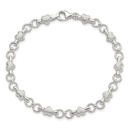 7.5 Inch Sterling Silver Satin & Polished Heart Chain Bracelet