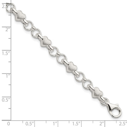 7.5 Inch Sterling Silver Satin & Polished Heart Chain Bracelet