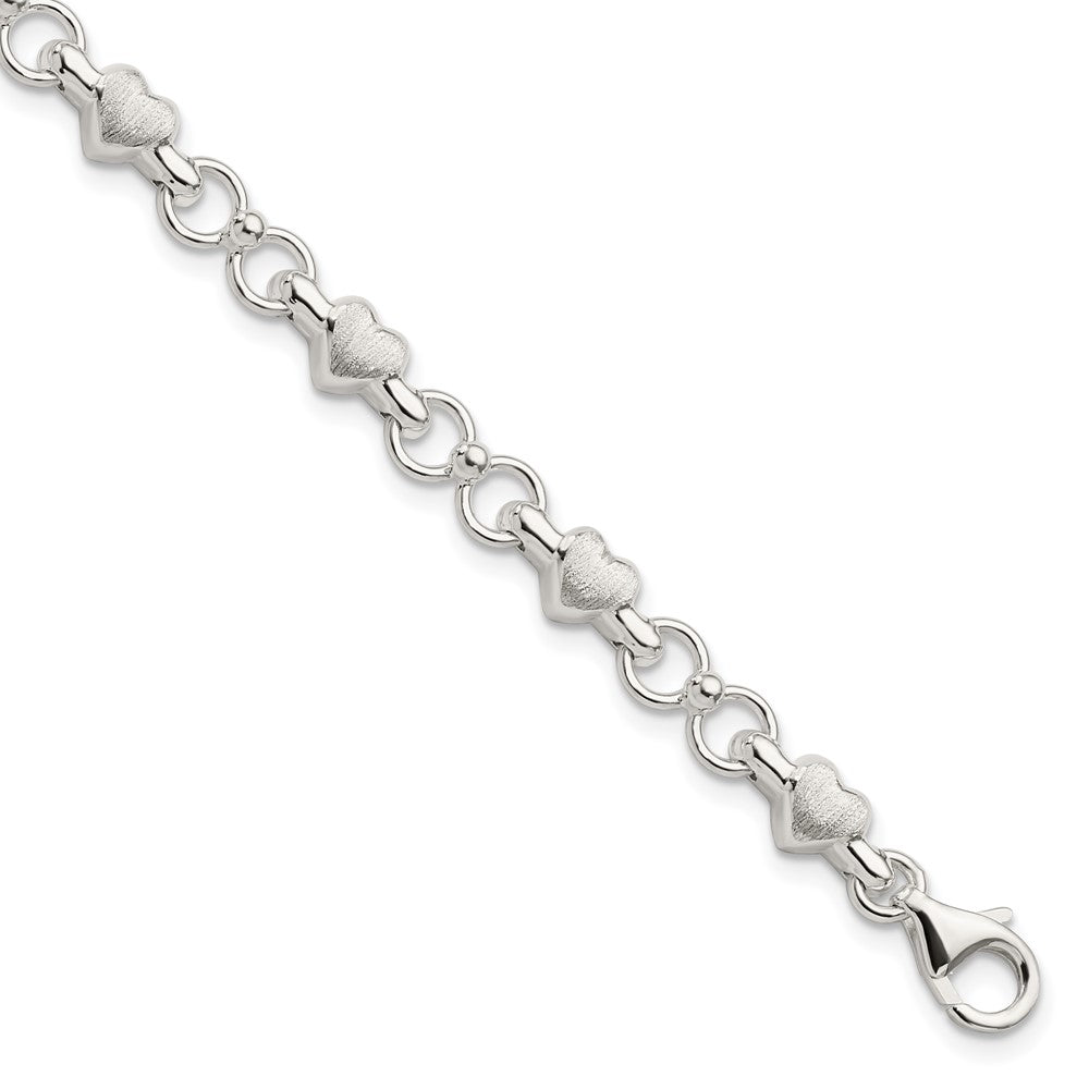 7.5 Inch Sterling Silver Satin & Polished Heart Chain Bracelet