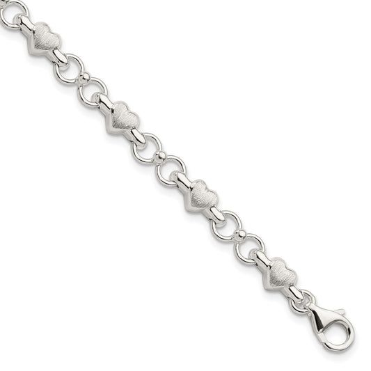 7.5 Inch Sterling Silver Satin & Polished Heart Chain Bracelet