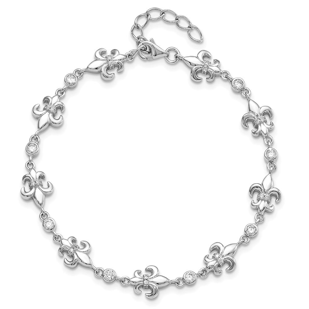 8 Inch Sterling Silver Rhodium-Plated Cz Fleur De Lis W/ 1In Ext. Bracelet