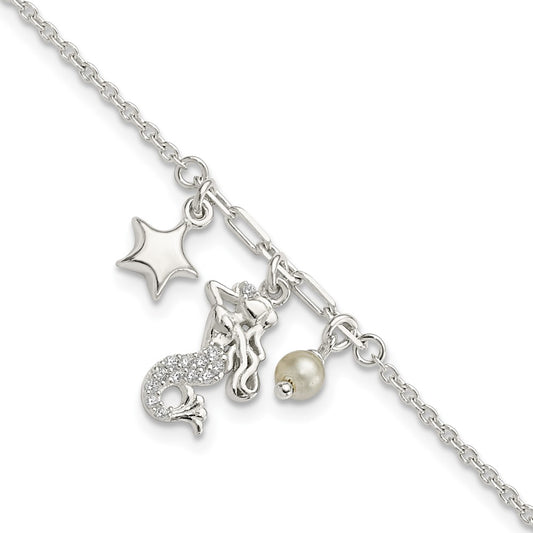 7.5 Inch Sterling Silver Cz Mermaid/Star/Glass Pearl Bracelet