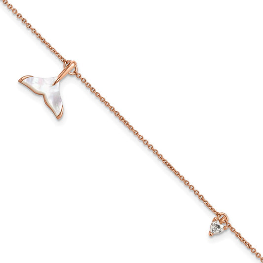 7 Inch Sterling Silver Rose-Tone Cz Shell Pearl Whale Tail Dangle 1In Ext Bracelet