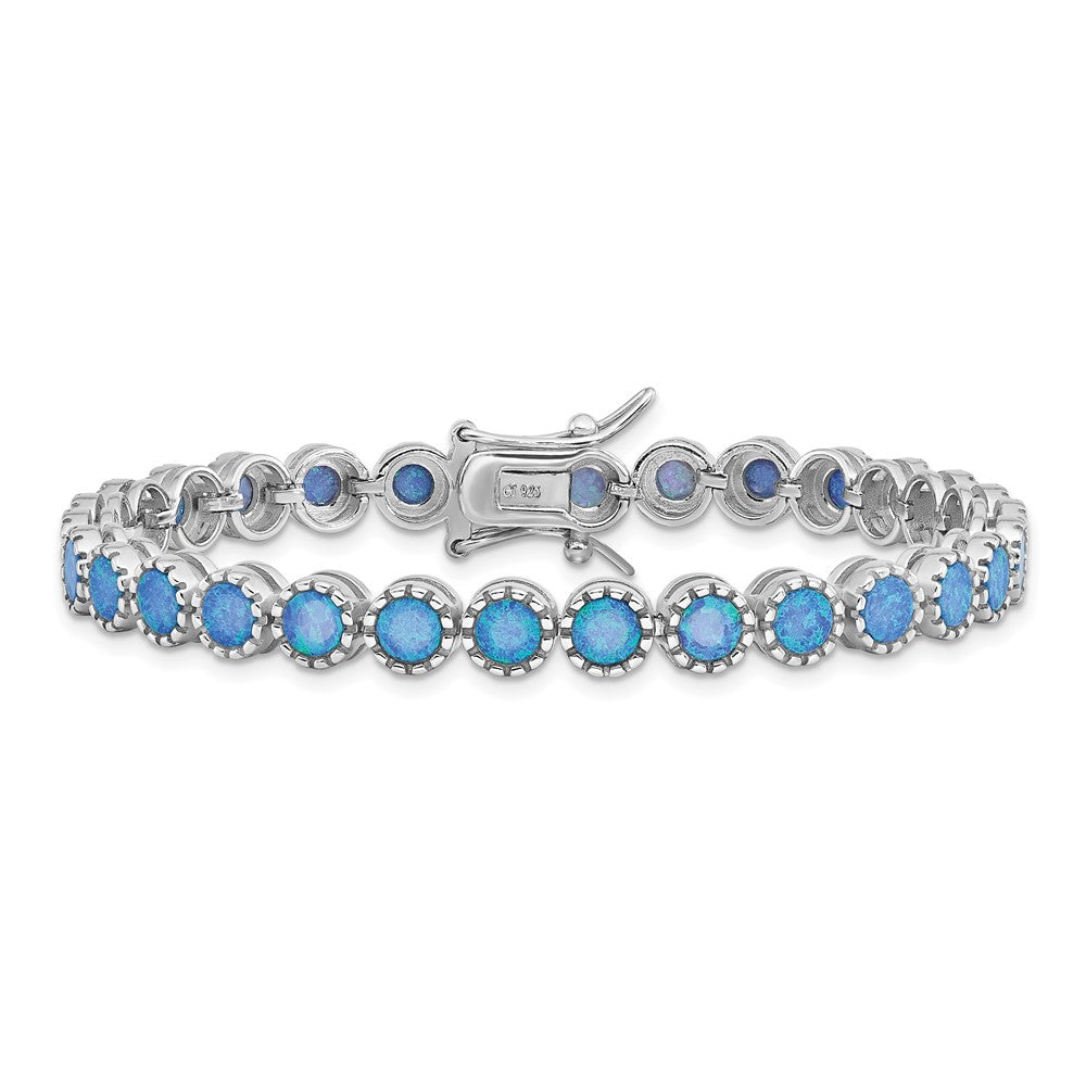 7 Inch Sterling Silver Rhodium-Plated Beaded Blue Created Opal Inlay Bracelet