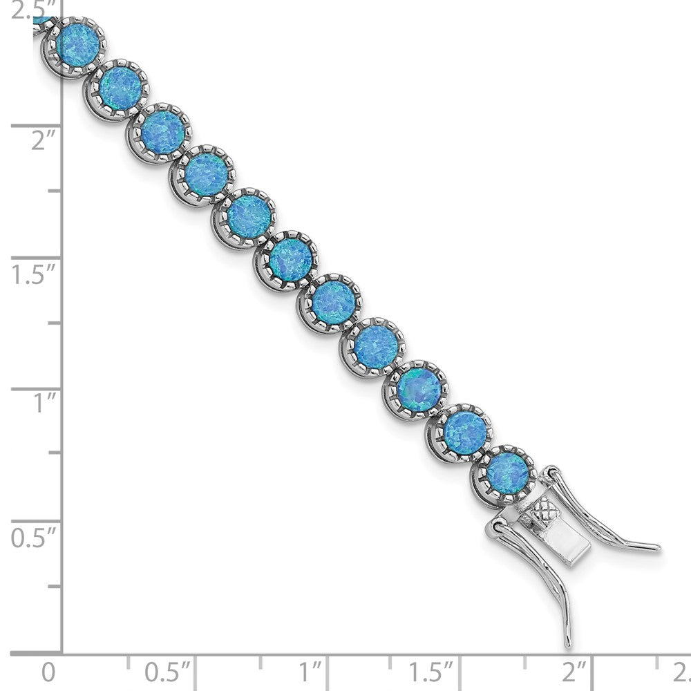 7 Inch Sterling Silver Rhodium-Plated Beaded Blue Created Opal Inlay Bracelet