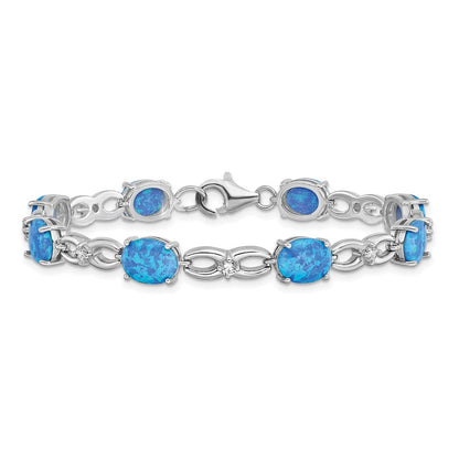 7.25 Inch Sterling Silver Rhodium-Plated Polished Blue Created Opal & Cz Bracelet