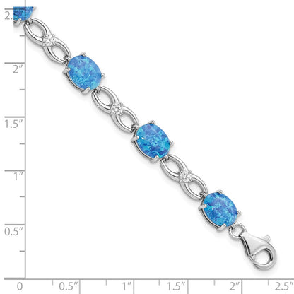 7.25 Inch Sterling Silver Rhodium-Plated Polished Blue Created Opal & Cz Bracelet