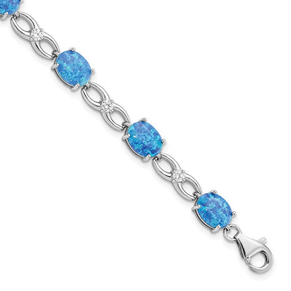 7.25 Inch Sterling Silver Rhodium-Plated Polished Blue Created Opal & Cz Bracelet