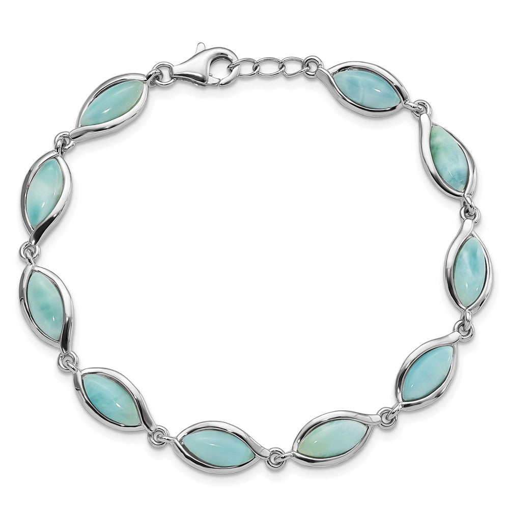 8 Inch Sterling Silver Rhodium-Plated Polished Marquise Shape Larimar Bracelet
