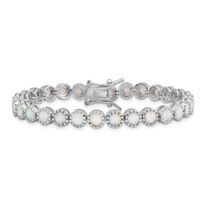 7 Inch Sterling Silver Rhodium-Plated Beaded White Created Opal Inlay Bracelet