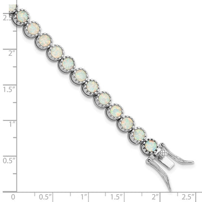 7 Inch Sterling Silver Rhodium-Plated Beaded White Created Opal Inlay Bracelet