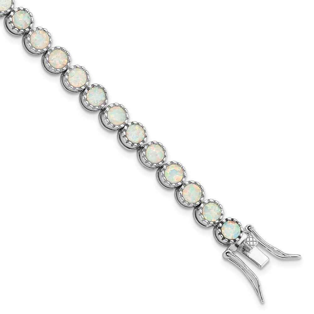 7 Inch Sterling Silver Rhodium-Plated Beaded White Created Opal Inlay Bracelet
