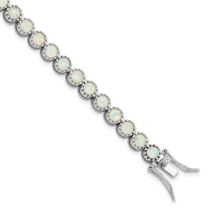 7 Inch Sterling Silver Rhodium-Plated Beaded White Created Opal Inlay Bracelet