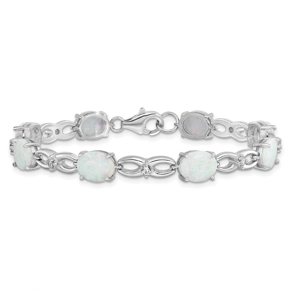 7.25 Inch Sterling Silver Rhodium-Plated Polished White Created Opal & Cz Bracelet