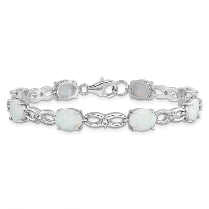 7.25 Inch Sterling Silver Rhodium-Plated Polished White Created Opal & Cz Bracelet