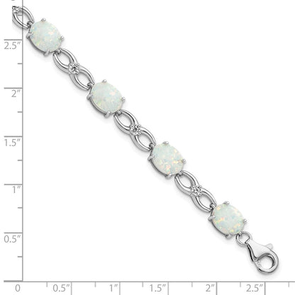7.25 Inch Sterling Silver Rhodium-Plated Polished White Created Opal & Cz Bracelet
