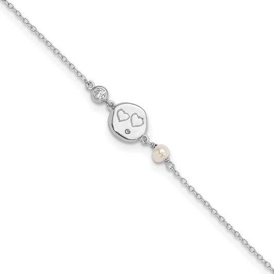 7.5 Inch Sterling Silver Rhodium-Plated Cz Fw Cultured Pearl W/ Hearts Bracelet