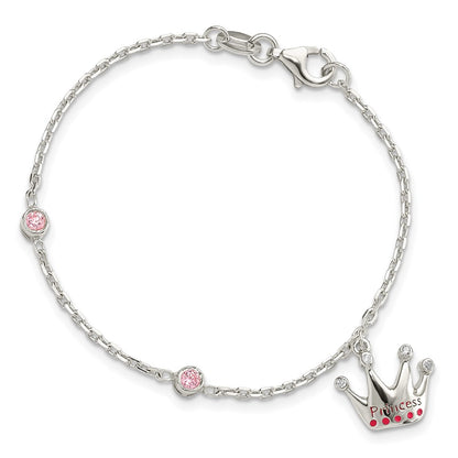 6 Inch Sterling Silver Polished Pink & White Cz And Enameled Princess Crown Children'S Bracelet
