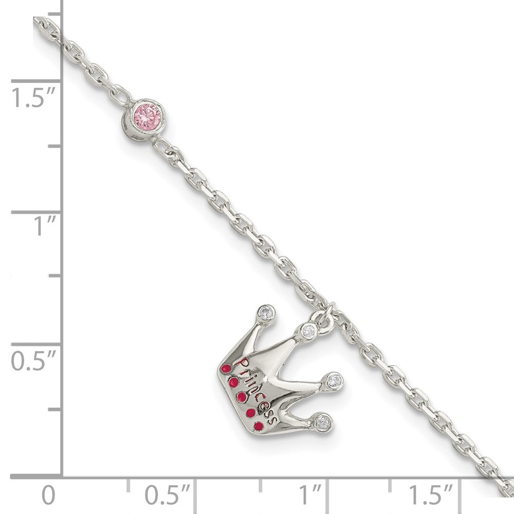 6 Inch Sterling Silver Polished Pink & White Cz And Enameled Princess Crown Children'S Bracelet