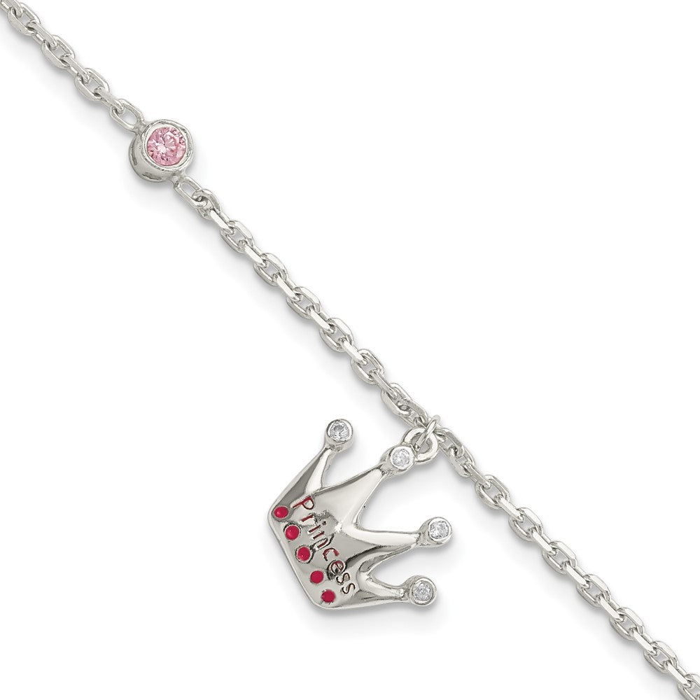 6 Inch Sterling Silver Polished Pink & White Cz And Enameled Princess Crown Children'S Bracelet