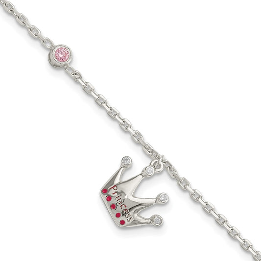 6 Inch Sterling Silver Polished Pink & White Cz And Enameled Princess Crown Children'S Bracelet