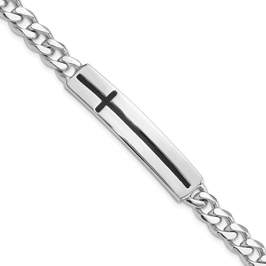 Sterling Silver Rhodium-Plated Enameled Cross on Bar Men's 8in Bracelet