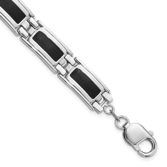 Sterling Silver Rhodium-Plated Black Enamel Link Men's 8in Bracelet