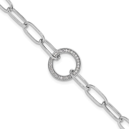 Sterling Silver Rhodium-Plated Paperclip CZ Circle with 1in Ext. Bracelet