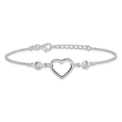 Sterling Silver Rhodium-Plated Polished CZ Heart with 1in Ext Bracelet
