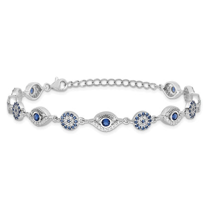 Sterling Silver Rhodium Plated Blue White CZ Evil Eye 7.25in w/1.5in Ext. Bracel