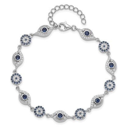 Sterling Silver Rhodium Plated Blue White CZ Evil Eye 7.25in w/1.5in Ext. Bracel