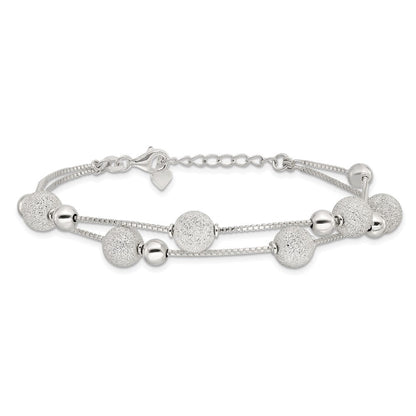 Sterling Silver Polish & Laser Beaded 2 Strand 7in w/1in Ext Bracelet