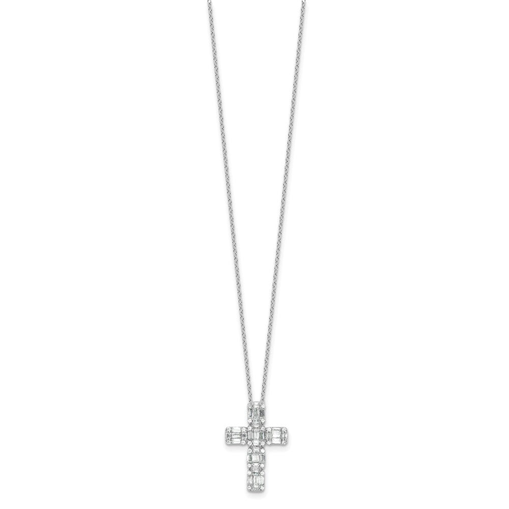 Sterling Silver Rhodium-Plated Baguette CZ Cross 18in Necklace