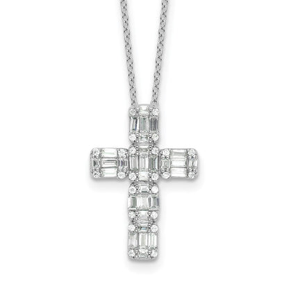 Sterling Silver Rhodium-Plated Baguette CZ Cross 18in Necklace