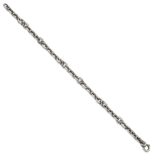 Sterling Silver Black Ruthenium Brushed Fancy Textured Link Men's Chain Bracelet