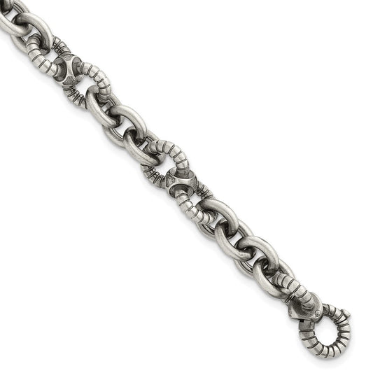 Sterling Silver Black Ruthenium Brushed Fancy Textured Link Men's Chain Bracelet