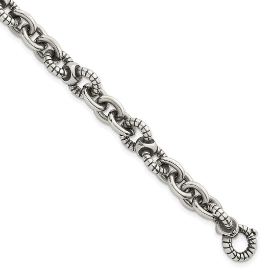 Sterling Silver Oxidized Round Textured Link Men's Chain Bracelet