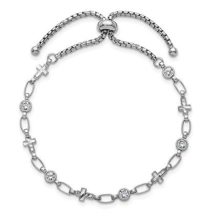Sterling Silver Rhodium-Plated Polished CZ and Cross Bolo Bracelet