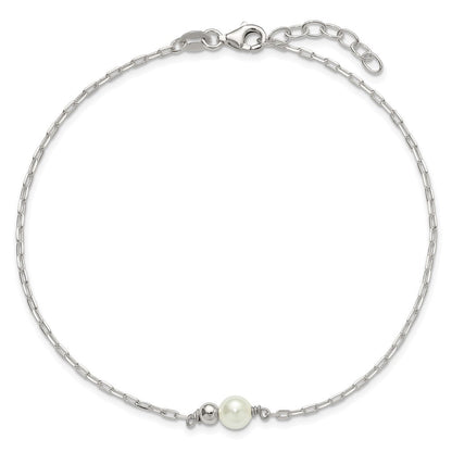 Sterling Silver Polished Bead and Glass Pearl 9in Plus 1in Ext Anklet