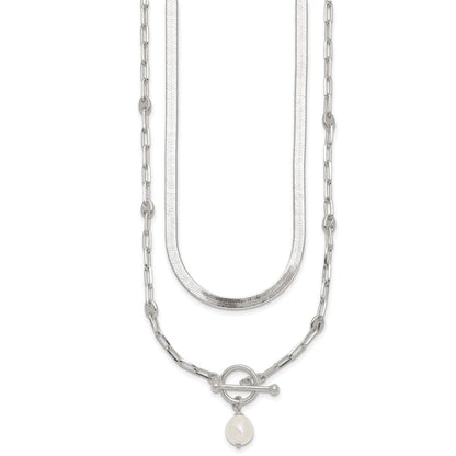 Sterling Silver Polished Crystal Pearl 2 Strand w/2in Ext Choker Necklace