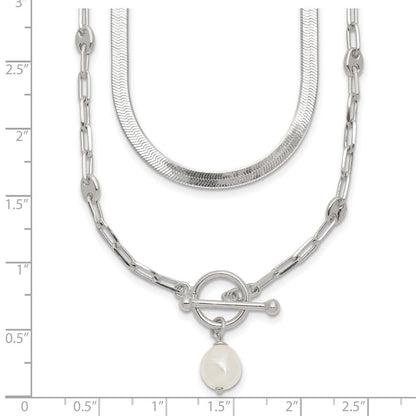Sterling Silver Polished Crystal Pearl 2 Strand w/2in Ext Choker Necklace