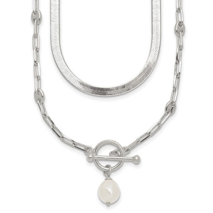 Sterling Silver Polished Crystal Pearl 2 Strand w/2in Ext Choker Necklace