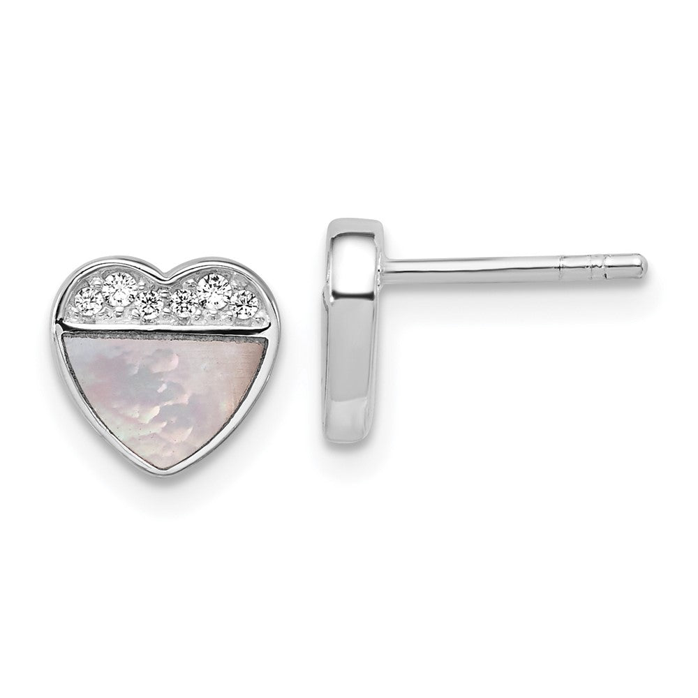 Sterling Silver Rh-Pl Polished CZ Mother of Pearl Heart Post Earrings