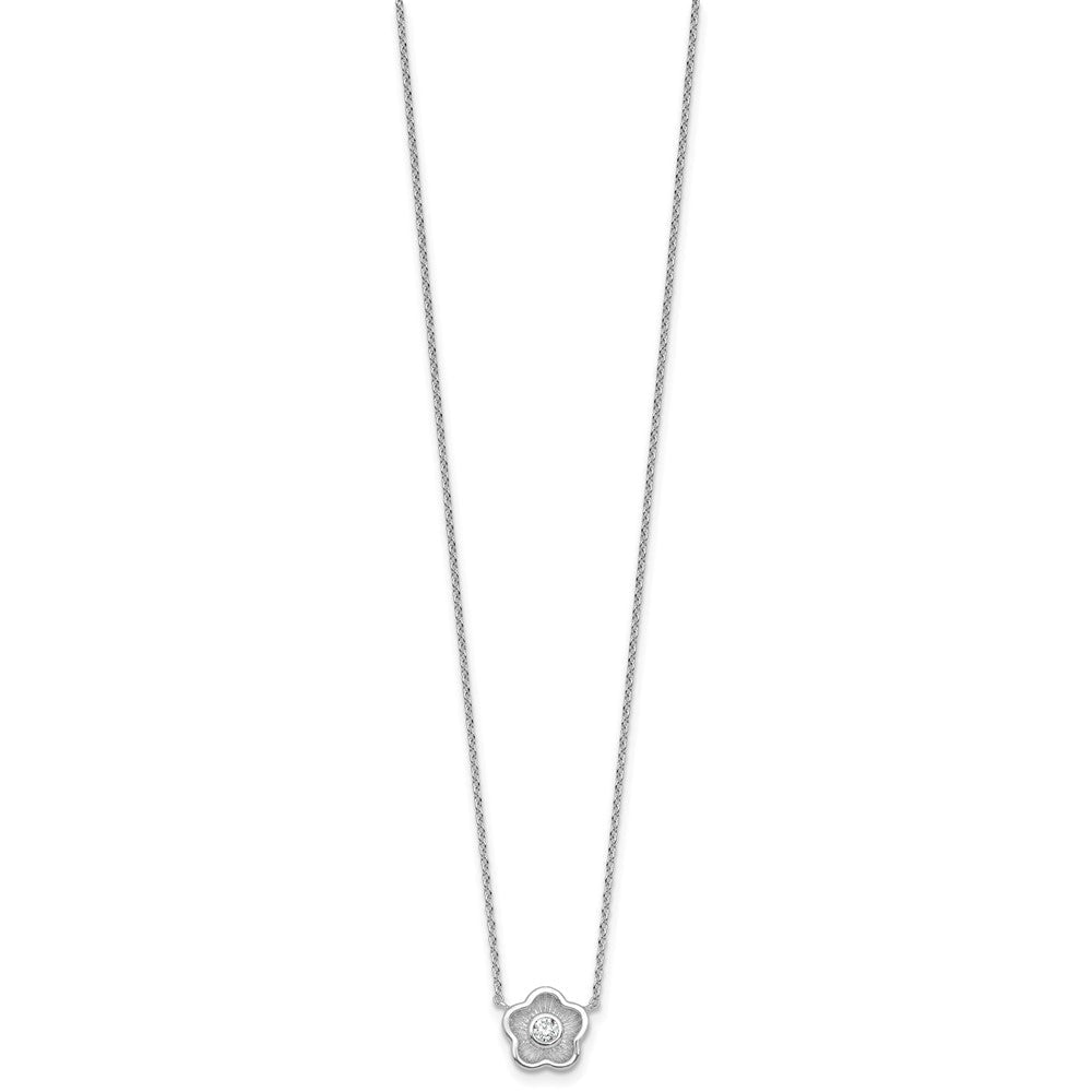 Sterling Silver Rh-Pltd Polished Textured CZ Flower 18 Inch Necklace