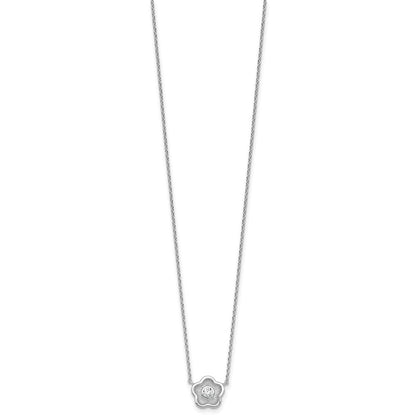 Sterling Silver Rh-Pltd Polished Textured CZ Flower 18 Inch Necklace