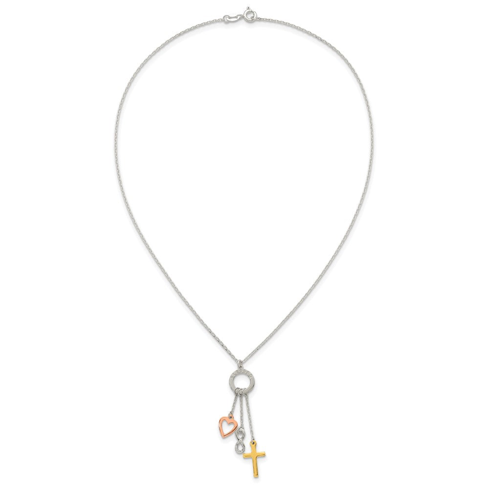 Sterling Silver Gold and Rose-Tone Heart Infinity and Cross Blessed Necklace