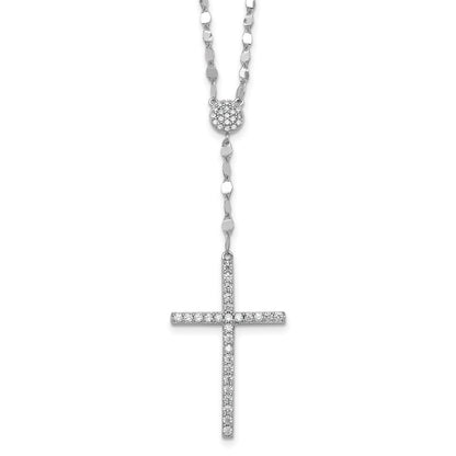 Sterling Silver Rhodium Plated Polished CZ Cross 16in w/2in Ext Necklace