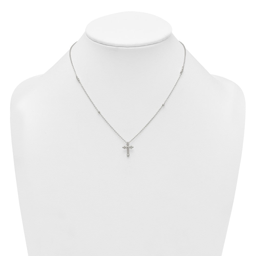 Sterling Silver Polished and Beaded CZ Cross W/ 1in Ext Necklace
