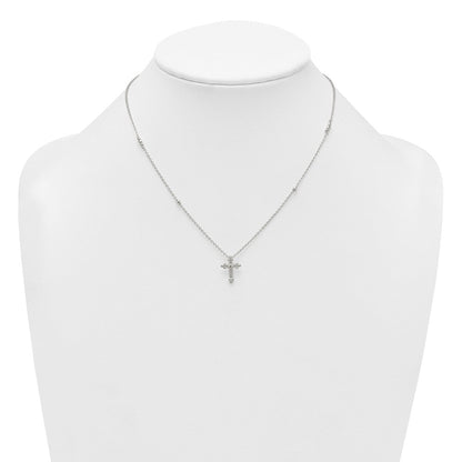 Sterling Silver Polished and Beaded CZ Cross W/ 1in Ext Necklace
