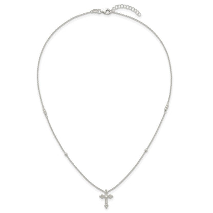Sterling Silver Polished and Beaded CZ Cross W/ 1in Ext Necklace